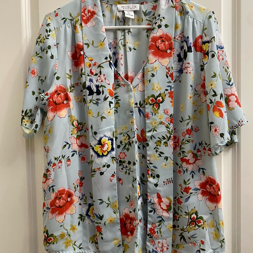 Rachel Zoe Floral Blouse - Light Blue and Red